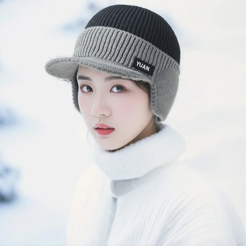 Winter-Strickmütze mit Ohrenklappen, warme, mit Fleece gefütterte Totenkopfmütze für den Außenbereich, für Radfahren, Sport, winddicht, für kaltes Wetter