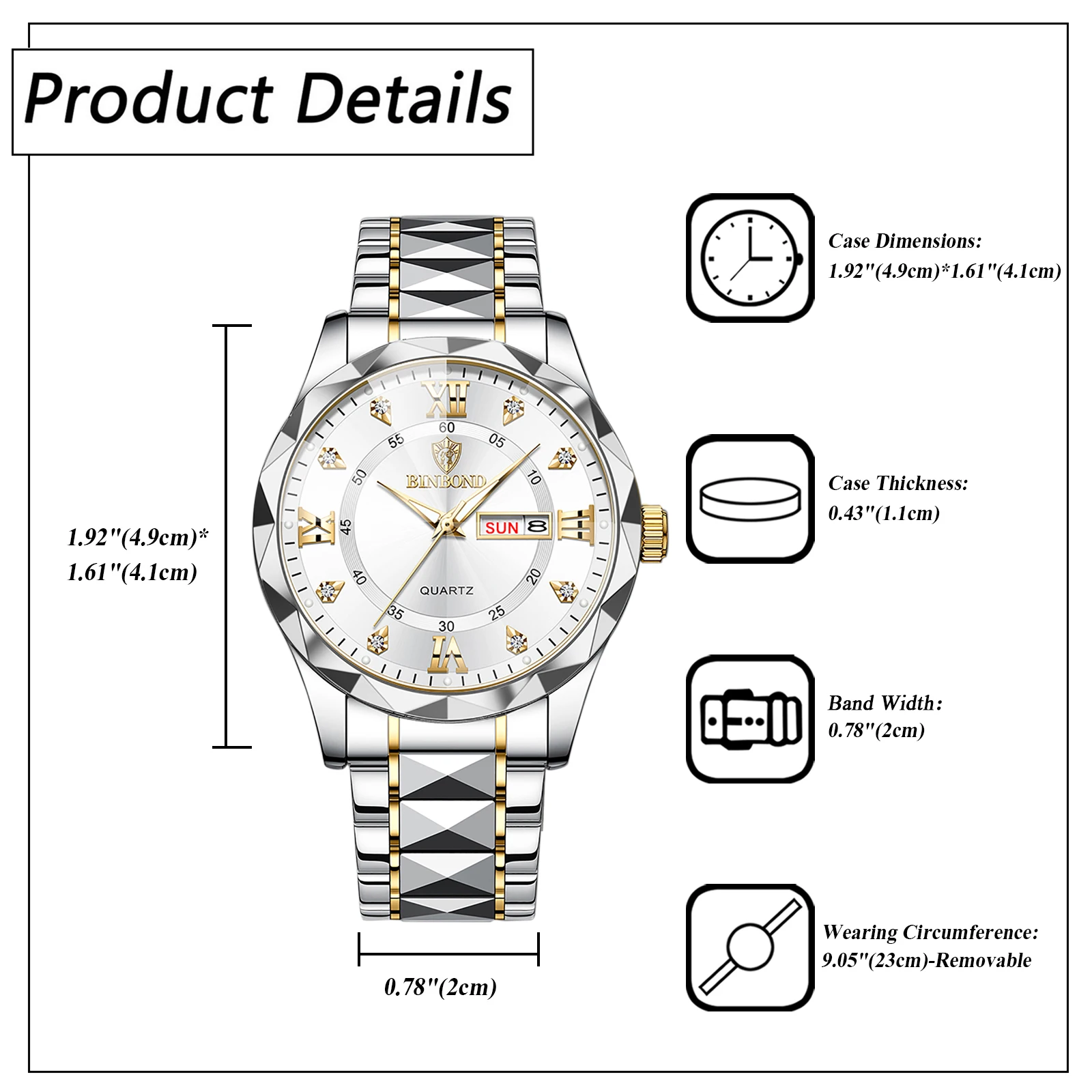 LANCARDO Diamond Fashion Watch with Diamond Scale Luminous Hands Luminous Waterproof Week Calendar Stainless Steel Strap