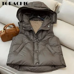 9.4 TOPACHIC Women High Quality White Goose Down Keep Warm Vest Hooded Lace-up Simple Solid Sleeveless Zipper Down Vest Coat