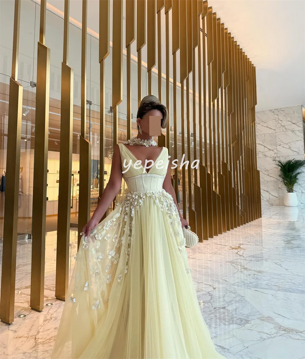 Maßgeschneiderte klassische moderne Stil Tüll Blume drapierte Schärpe A-Linie schulterfreie lange Kleider maßgeschneiderte Anlasskleider Mode