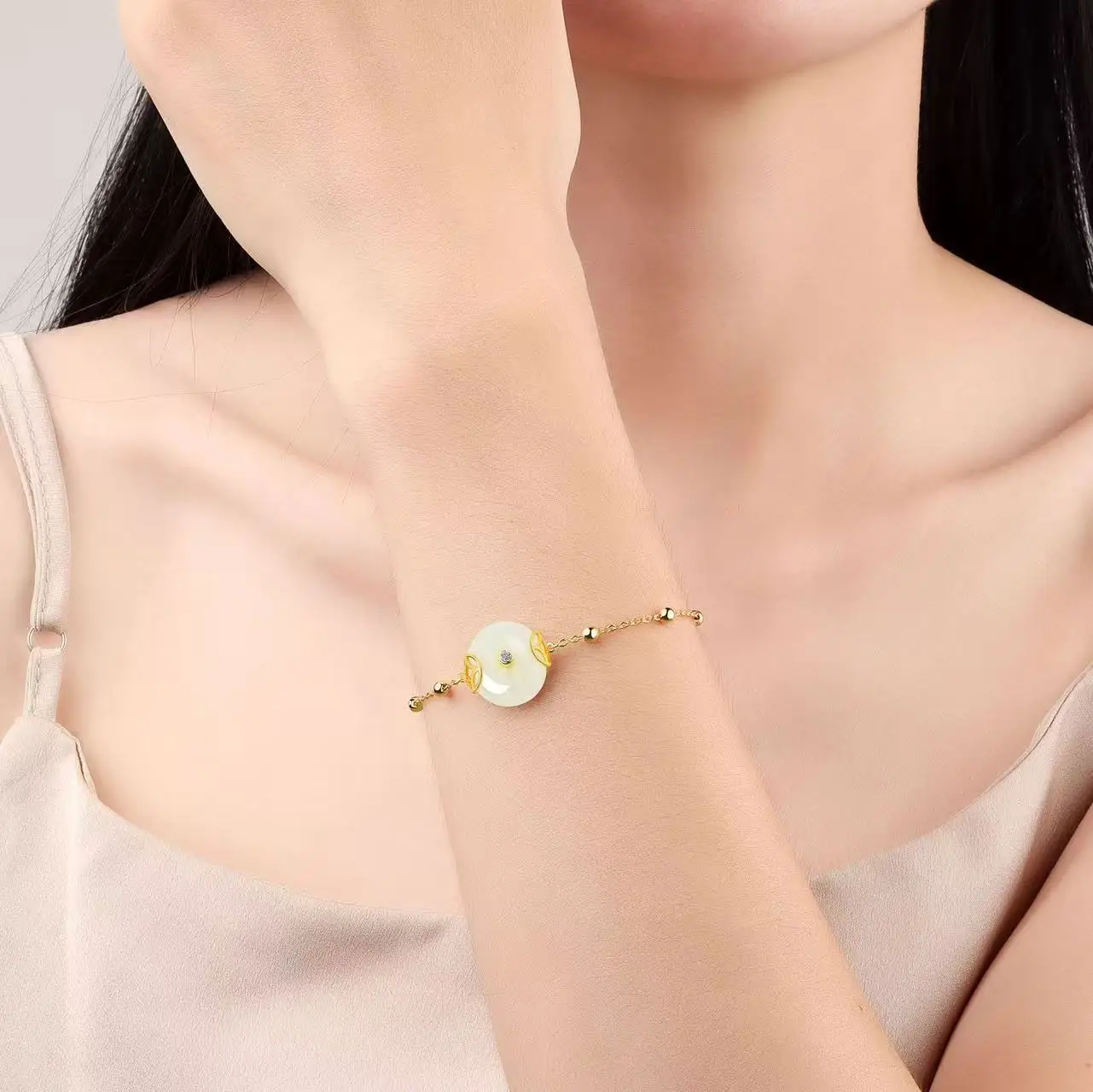 

Pure silver s925 bracelet Hetian White Jade Peace Buckle Round Bead Exquisite Women's Mother's Day Bracelet