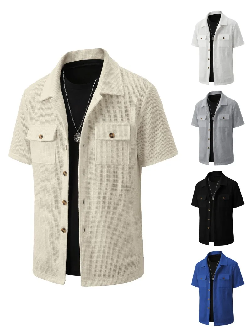 

Summer Men's Short Sleeved Casual Solid Color Lapel Button Pocket Shirt, Fashionable and Breathable Business T-shirt, Sportswear