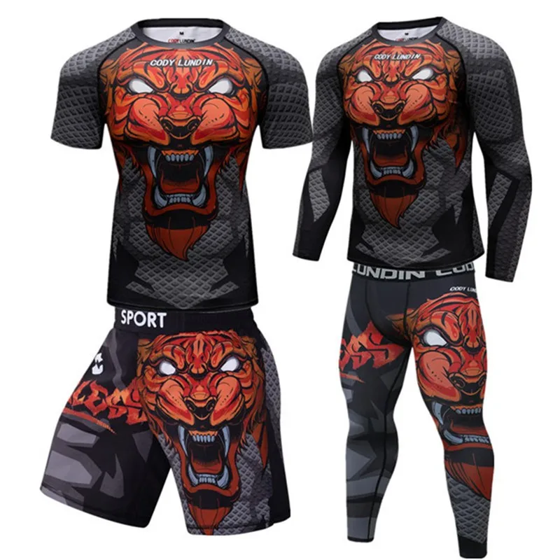 Men's Muay Thai Men GYM MMA Kickboxing Sport Suit MMA BJJ Rashguard T Shirts Rash Guard Fitness Tracksuit Boxing Jersey Set 12