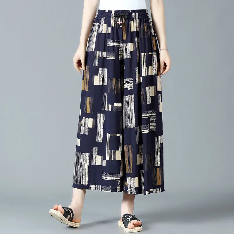 Vintage National Style Geometric Pattern Printing Loose Pantskirt Spring Autumn Elastic High Waist Nine Points Wide Leg Trousers