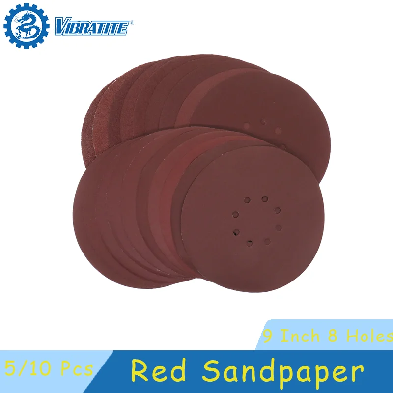 9 Inch 8 Hole Red Sandpaper 5/10 Pcs Hook and Loop Sanding Disc 225mm Assorted 24-400 Girts for Drywall Sander Wood Furniture