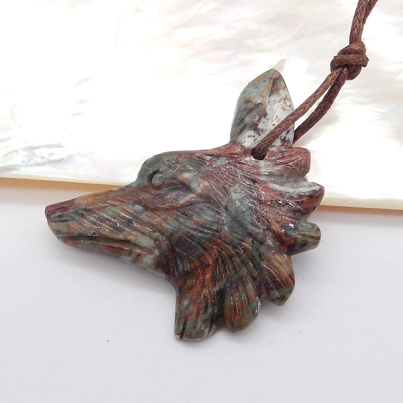 Handmade Jewelry Carved Animal Pendant Bead Natural Stone Green Opal Wolf Head Necklace Accessories 38x36x5mm 5.6g