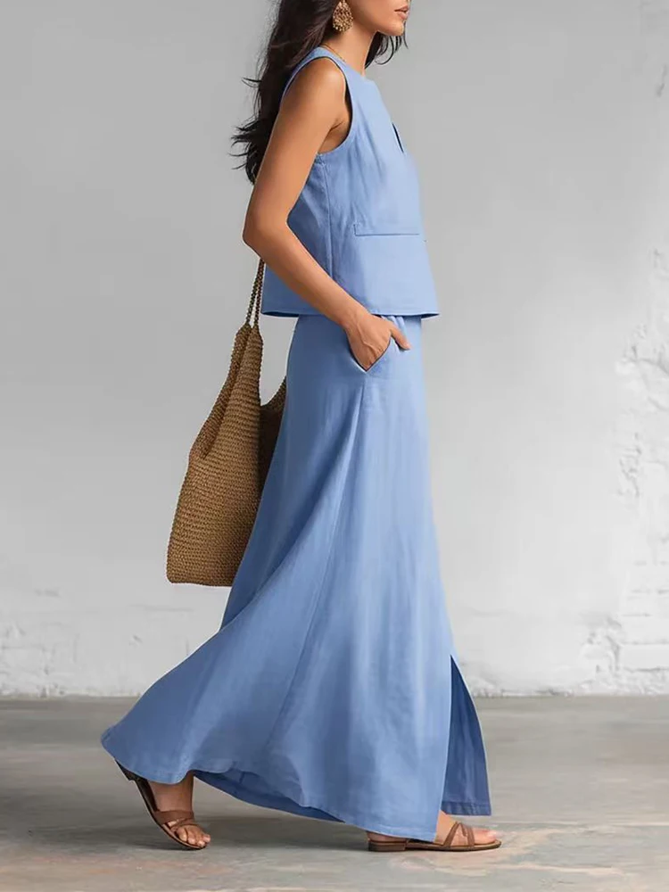 

Fashion Cotton Linen Solid 2pc Party Outfits Elegant Split Loose Long Skirt Women's Suits Sexy V-neck Sleeveless Vest&Skirts Set
