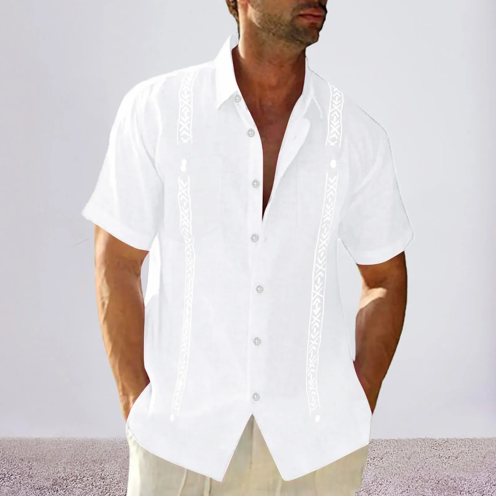 ملابس شاطئ كبيرة الحجم للرجال بأكمام قصيرة قميص كتان للشاطئ الكوبي جيب علوي Guayabella قمصان Para Caballero #5