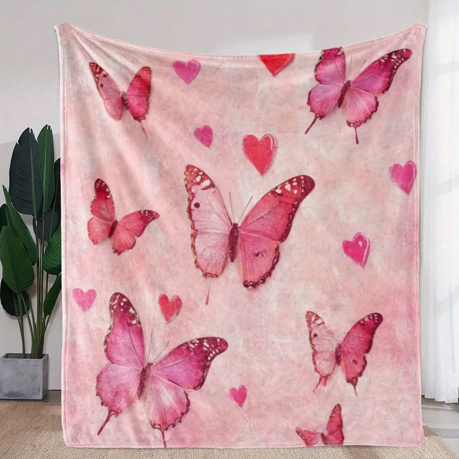 

1pc Vintage Butterfly Heart Print Flannel Blanket Comfortable Soft Polyester Knit Digital Printed Blanket For All Seasons, Ideal