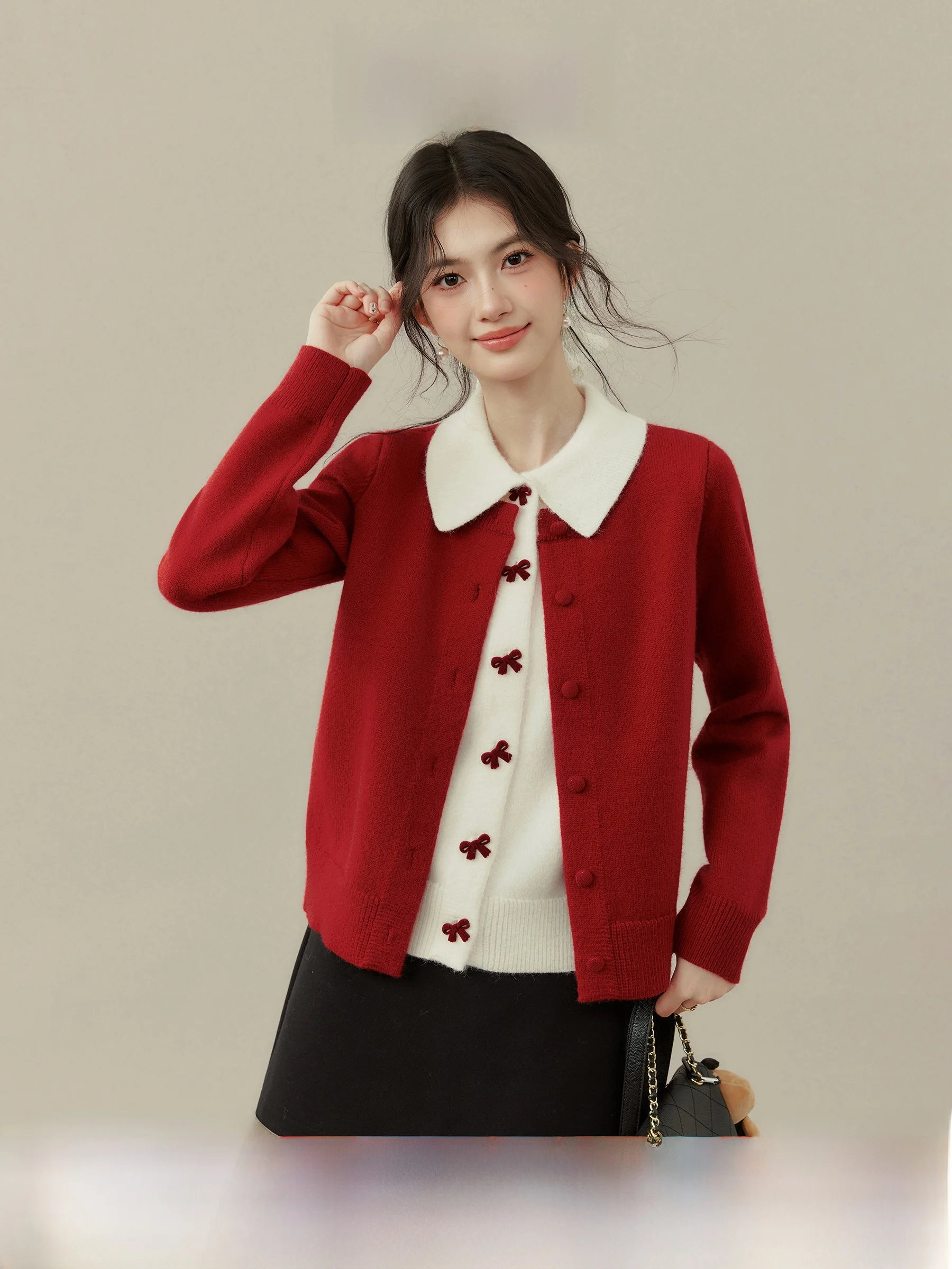 

Stberry Sweet Tube Red Knot Fake Two-Piece Long Sve Sweater Women's Base irt Autumn Winter Inner Wear