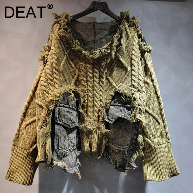 DEAT 2024 Autumn New Items Fashion Women's Twists Knitted Splice Denim Short Sweater Loose O-neck Long Sleeve Top Female 29L8195