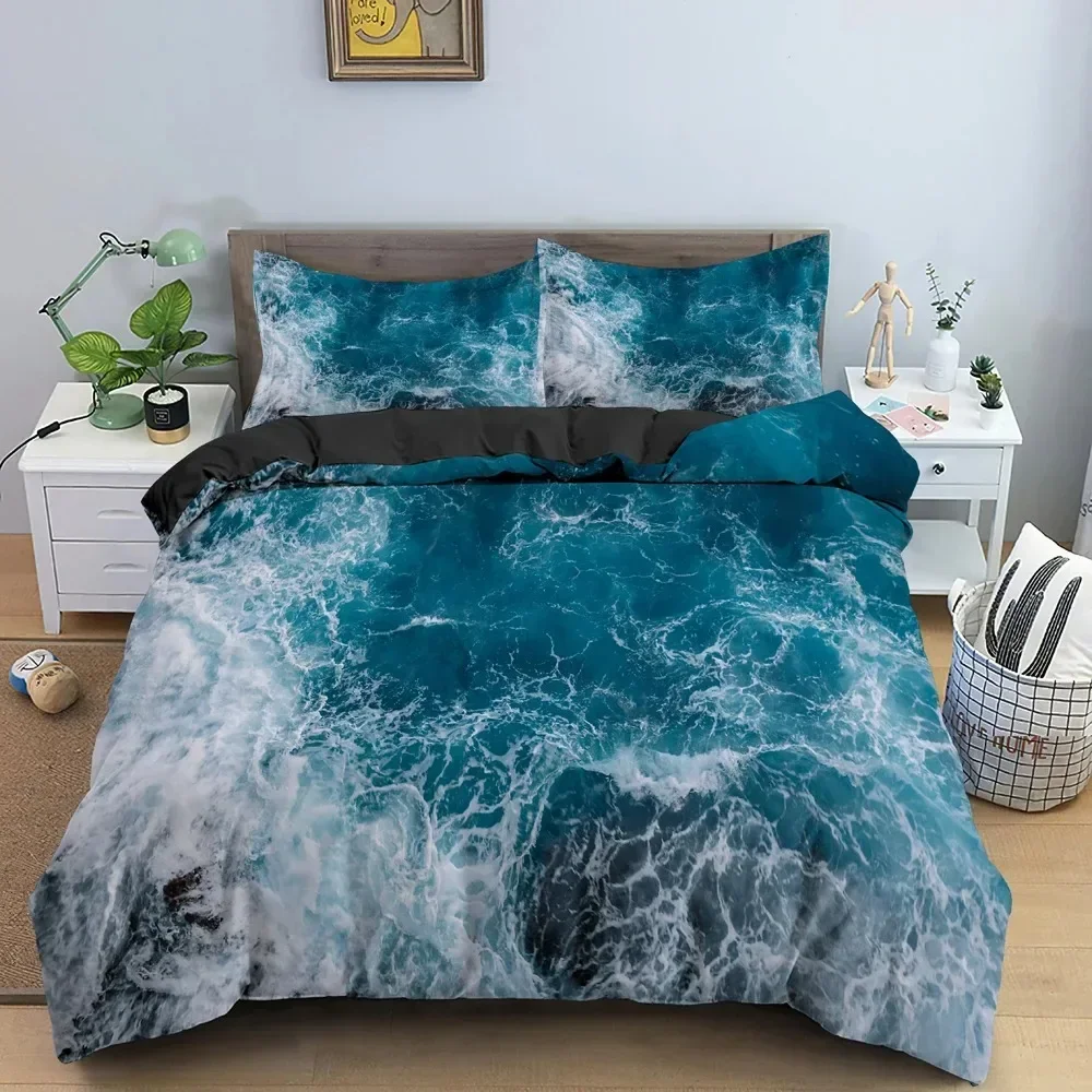 Sea Wave Duvet Cover King Queen Size 3D Blue Ocean Spray Waves Bedding Set for Kids Teens,Azure Seawater Soft Comforter Cover