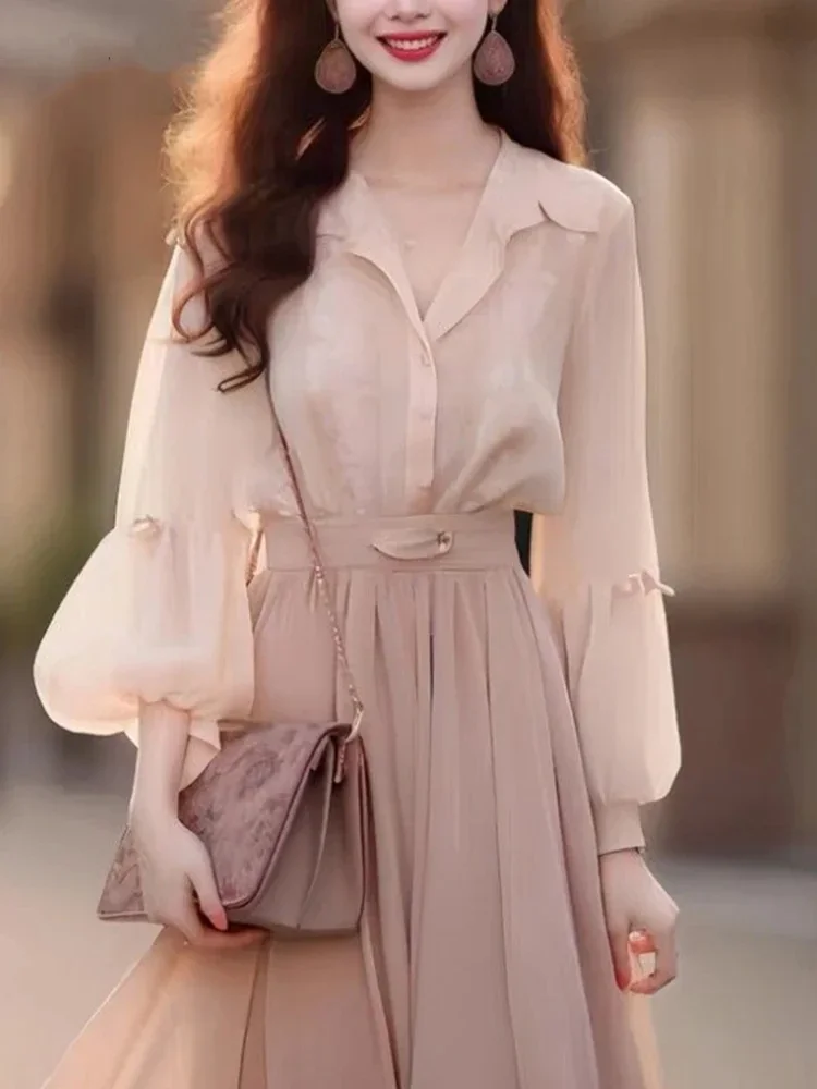 

Elegant Lady Chicly Dress French Slim Fashion Street Long sleeved Dresses Female Two Piece Spring New Solid Color Sweet