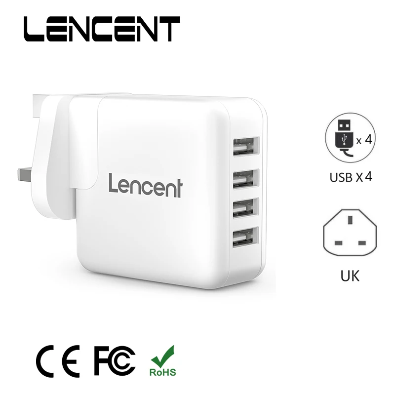 LENCENT UK Plug Wall Charger with 4 Ports USB 24W/4.8A USB Socket Charger with Auto-ID Technology for Phones Tablets Fast Charge