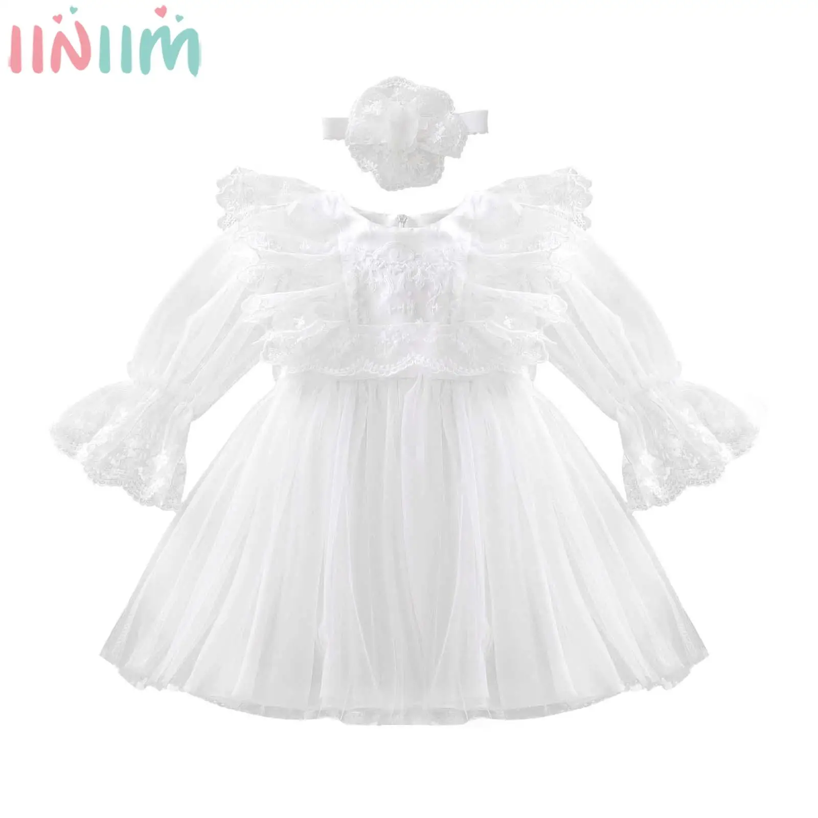 

Girls Elegant Party Dress with Headband Baptism Costume Long Sleeve Lace Floral Embroidery Tutu Dresses for Wedding Birthday