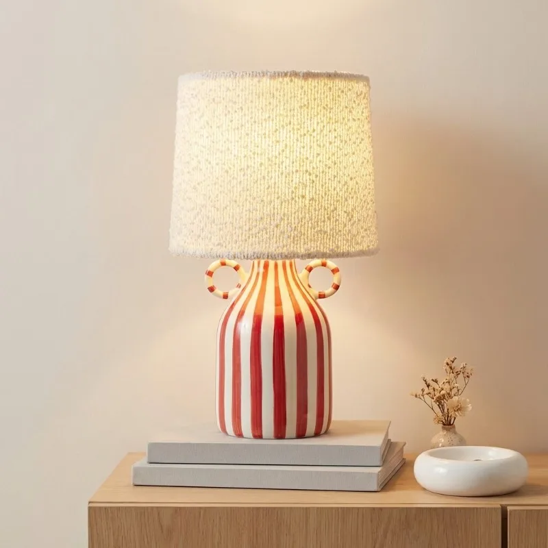 Medieval Red Stripe Ceramics Table Lamps Atmosphere Warm Desk Lights Living Kids Room Restaurant Study Reading Bedroom Fixtures