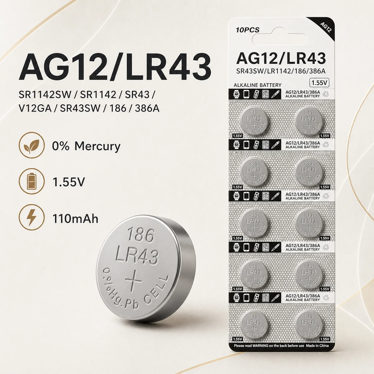 Button Cell Battery AG12 LR43 1.55V 110mAh 2-10PCS SR43 386 LR1142 SR1142 For Watch Toy Remote Coin Cell
