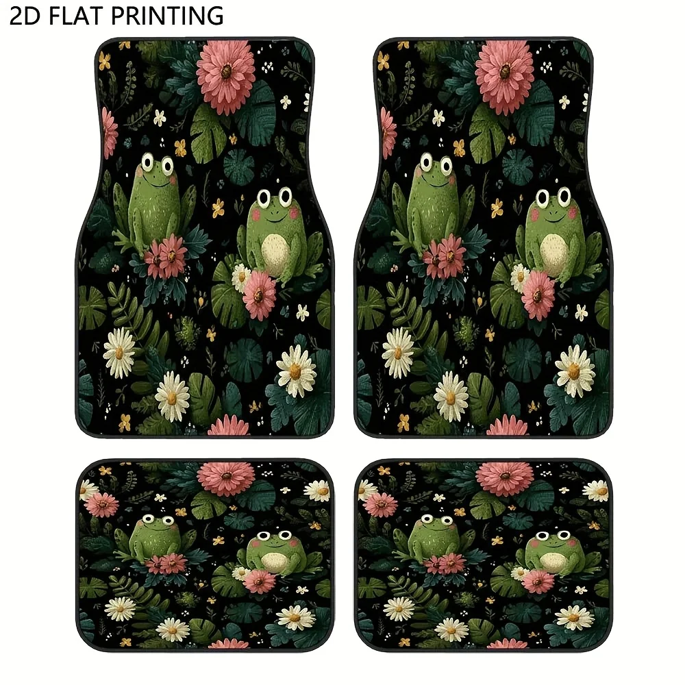 Set Of 4, Adorable Frog And Flower Design Car Floor Mats, Sturdy, Slip-Resistant, Easy To Clean, Easy To Set Up, Ideal For Sedan
