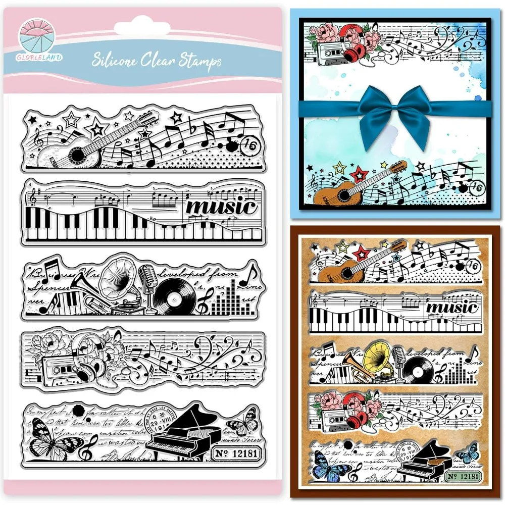 Klare Stempel im Retro-Musikrahmen für die Kartenherstellung, Grunge-Textur, Gitarre, transparentes Stempelsiegel für DIY-Scrapbooking