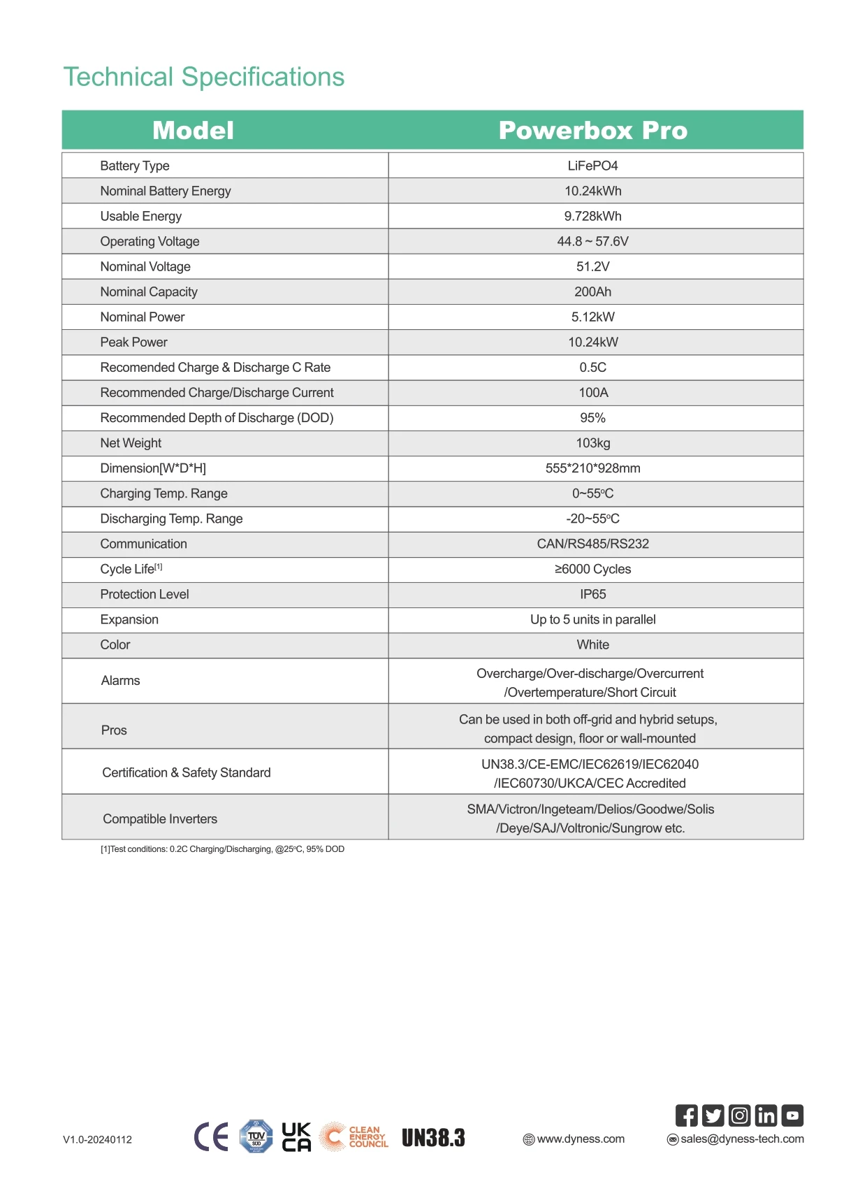 Dyness Powerbox Pro 10.24kwh 51.2V 200AH Ip65 Solar Lithium Ion Lifep04 Batteries for Home Grade a in China