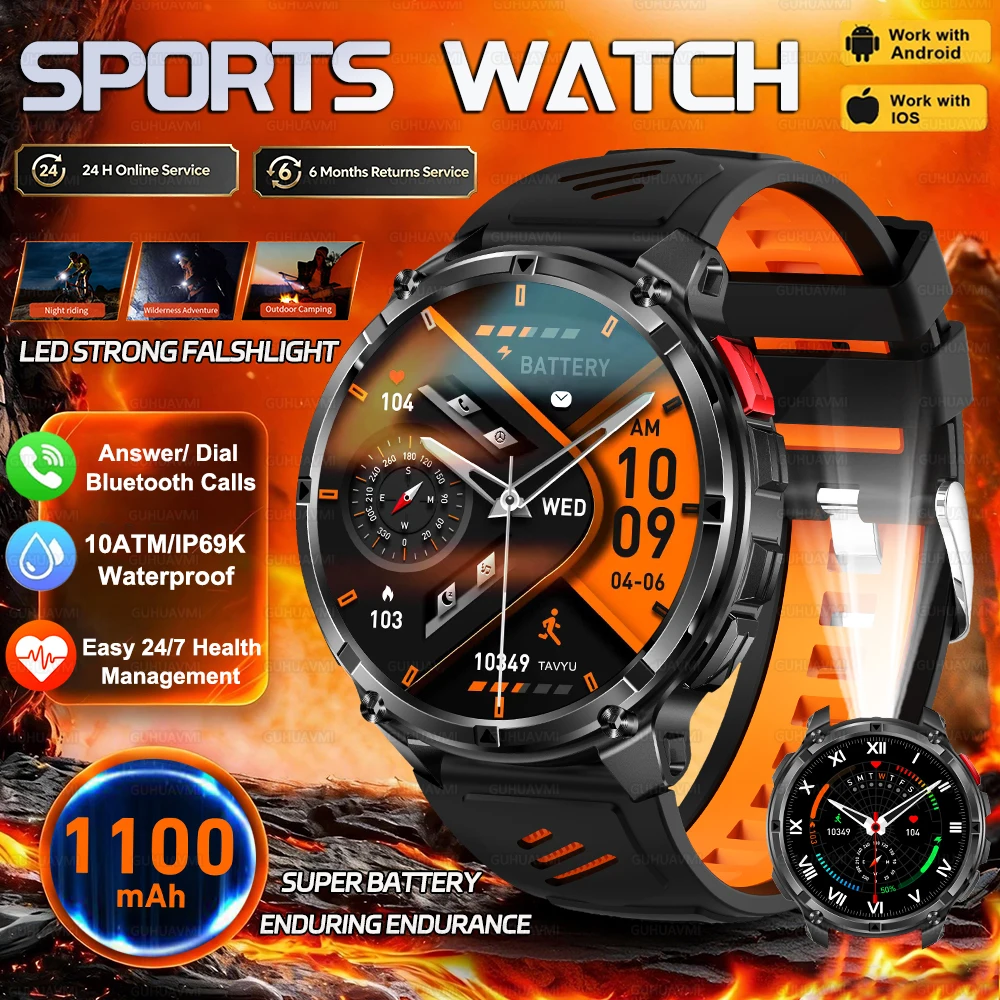 

New 1100mAh Large Battery Durable Adult Smart Watch Strong Flashlight 10ATM Waterproof BT Call Heart rate Sports Smart watch Men