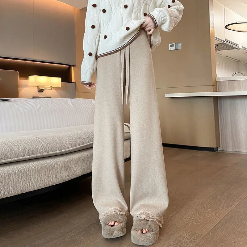 

Tassel Knitted Wide-leg Women's Autumn and Winter Drooping High-waist Drawstring Slimming Casual Floor Mopping Trousers