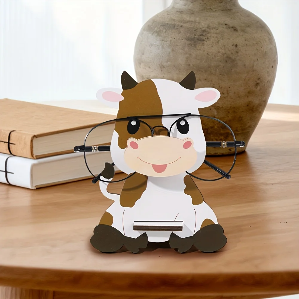Cute Cartoon Cows Wooden Eyeglass Holders Fun Home Office Desktop Decor Display Thoughtful Gift 2D Flat Home Decor Handicrafts