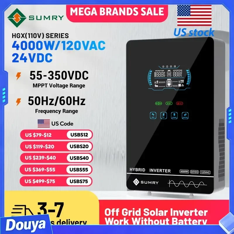 Sumry 4KW 120V Off Grid Solar Inverter 24V 140A 5600W MPPT Charger Pure Sine Wave Home Inverter 6.25 Inch LCD Display