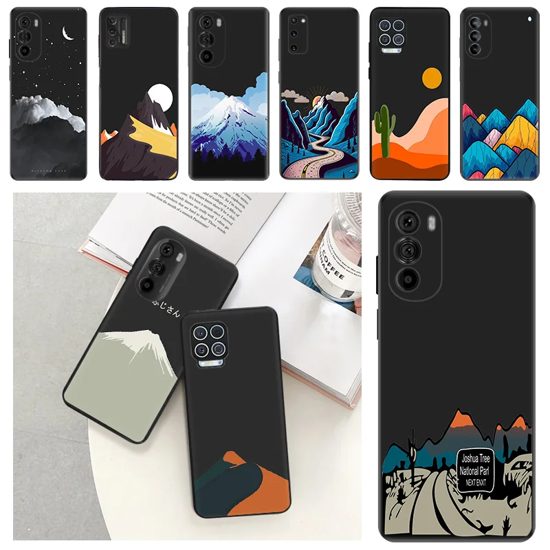 Phone Case For Motorola G71 G73 G72 G53 G52 G32 G22 G60 G51 G50 G31 G30 G9 Snow Mountain Volcano Black Soft Protective Cover