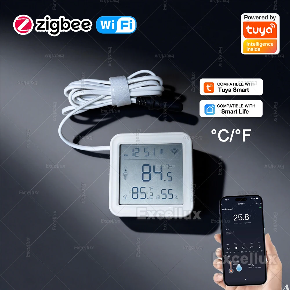 

Датчик температуры и влажности Tuya WiFi Zigbee с датчиком внешнего зонда, цифровой термометр с ЖК-экраном для морозильной камеры, аквариума