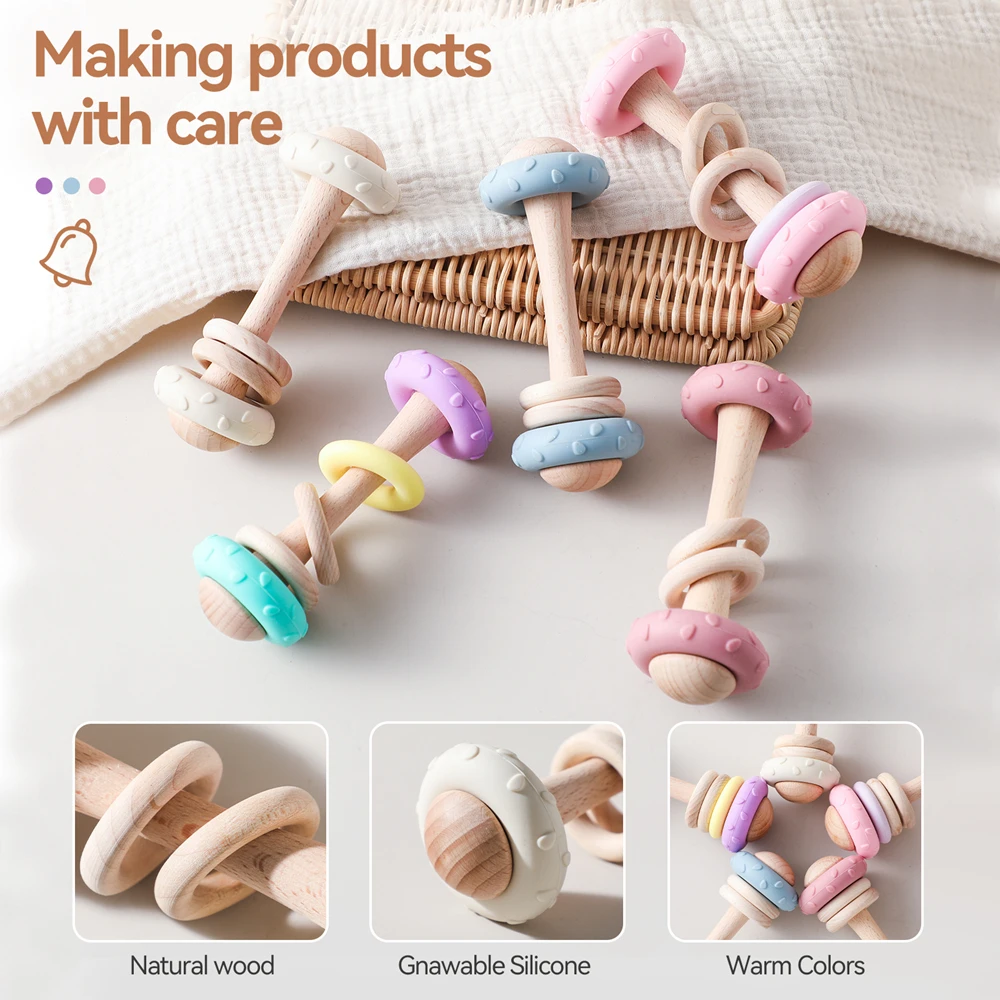 1 PC ไม้เด็ก Teether ของเล่นซิลิโคนฟรี BPA แหวนเพลง Rattle Teething สําหรับของเล่นเด็ก Montessori ของเล่นสําหรับของขวัญเด็ก