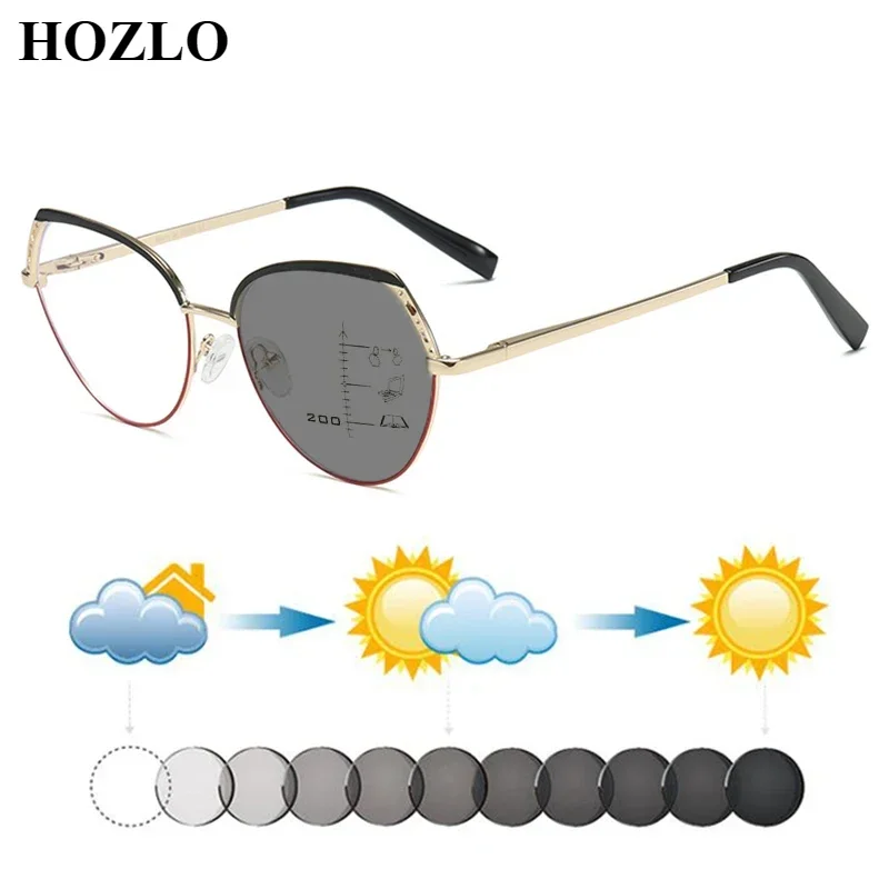 Women Fashion Alloy Patchwork Photochromic Progressive Reading Sunglasses Ladies Hyperopia Shades Spectacles Look Near Far