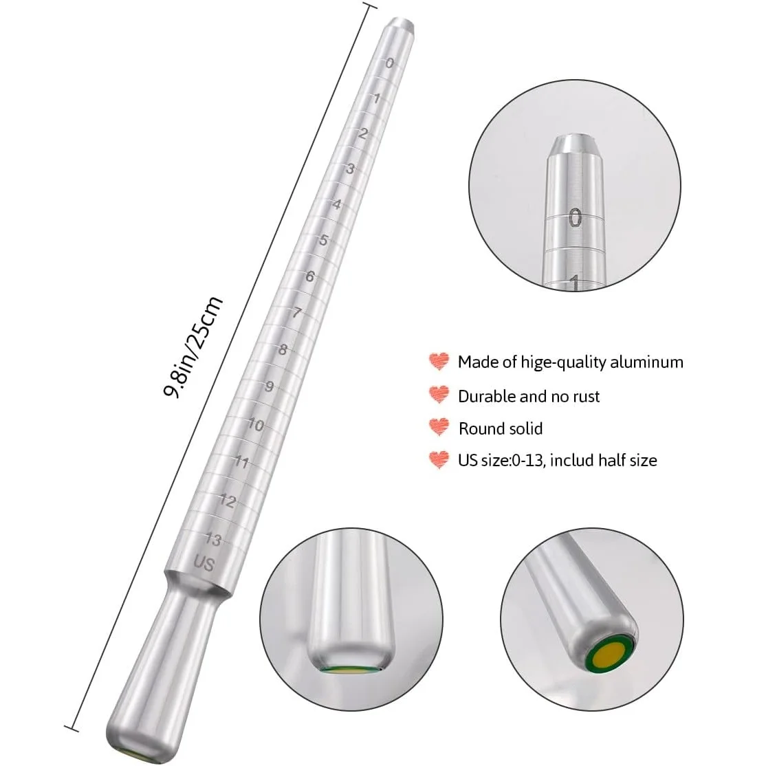 Ring Sizer Madrel Solid Aluminum Mandrel for Ring Measurer and Repair Distorted Ring Hammerable Round Mandrel
