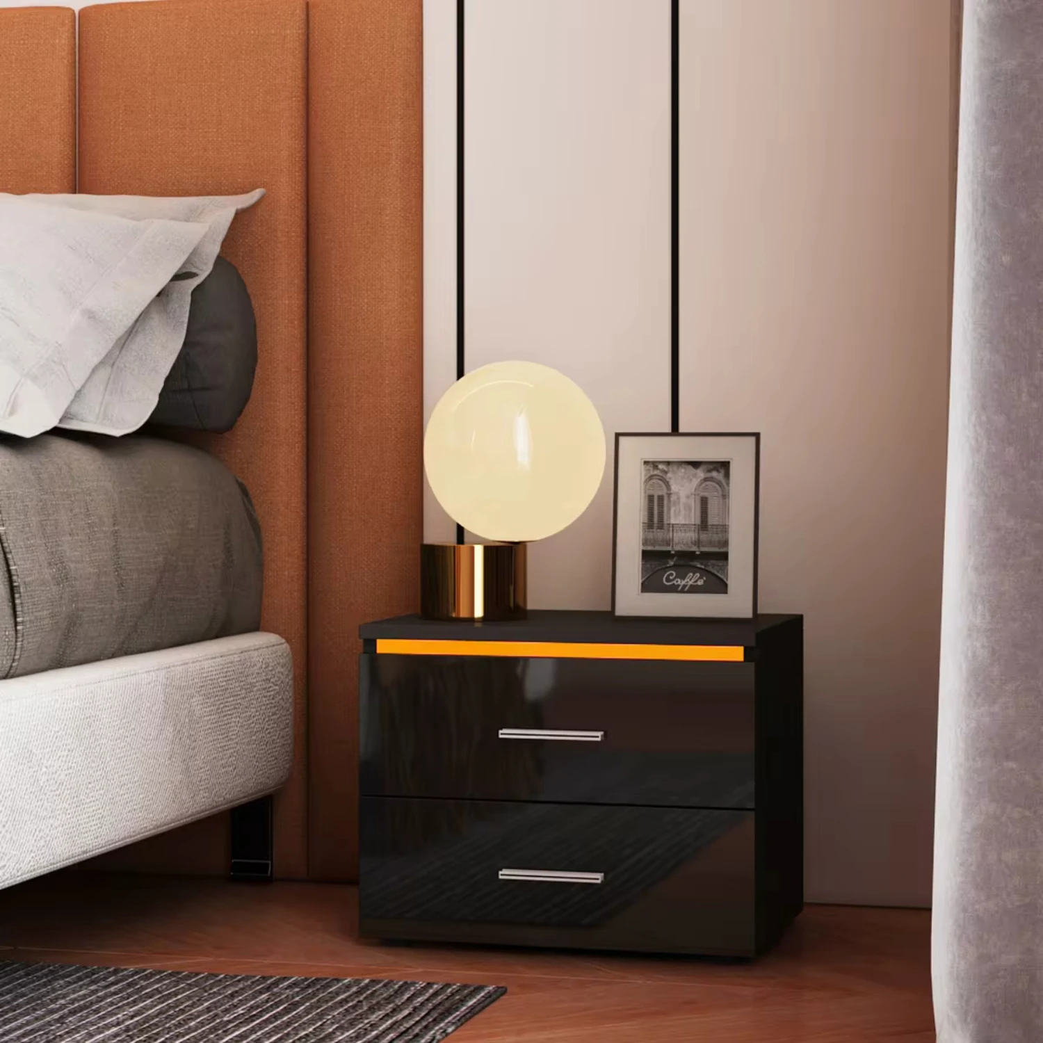 Modern Night Tables High Gloss  Light Nightstand with 2 Drawer 20 Modes  RGB Bedside Table  Bedroom Bedside Cabinet