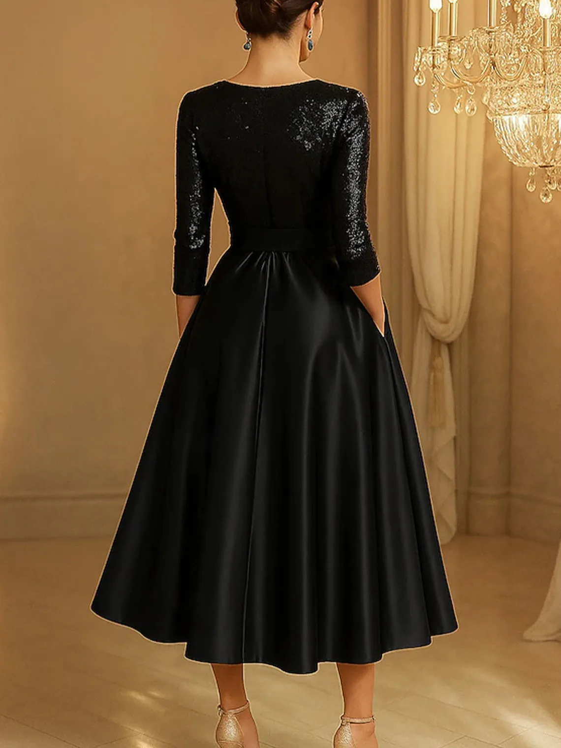 Vestido de noche elegante de corte A, cuello en V, lazo con lentejuelas, longitud del té, manga 3/4, vestido de invitados de boda de satén elástico, personalizado gratis 2025