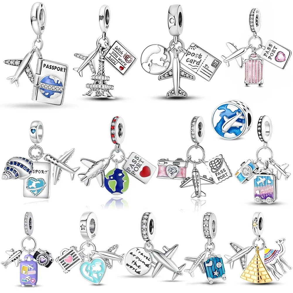 Airplane Passport Camera Globe Silver Plated Beads Original Charms Fit Bracelets Bag Keychain Charms DIY Women Gift Accessory