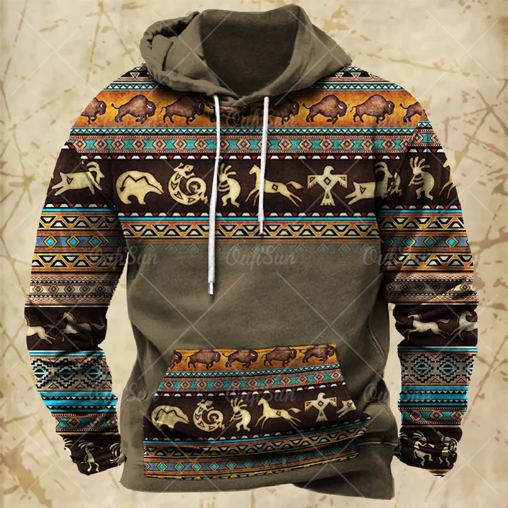 Men Hooded Vintage Print  Sweatshirt Ethnic Style Hoodie Autumn and Winter Oversized Casual Men\'s Clothing Daily Street Pullover