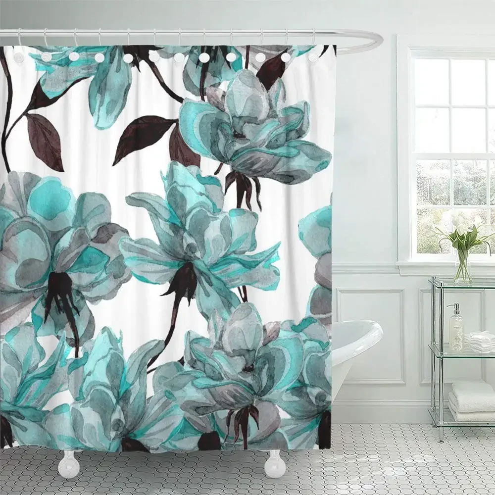 Turquoise Shower Curtain Waterproof Blue Flower Floral Teal With Roses Watercolor Colorful Abstract Black Home Decor Hooks Set