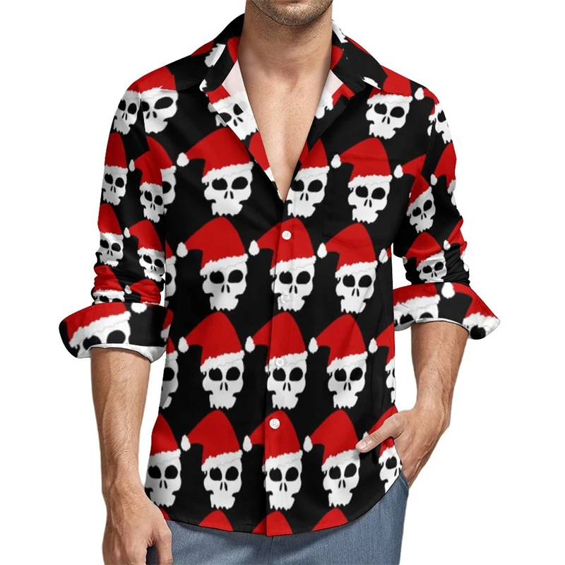 Men\'s shirt pattern shirt skull button print long sleeved daily outing V-neck fashion designer comfortable and breathable