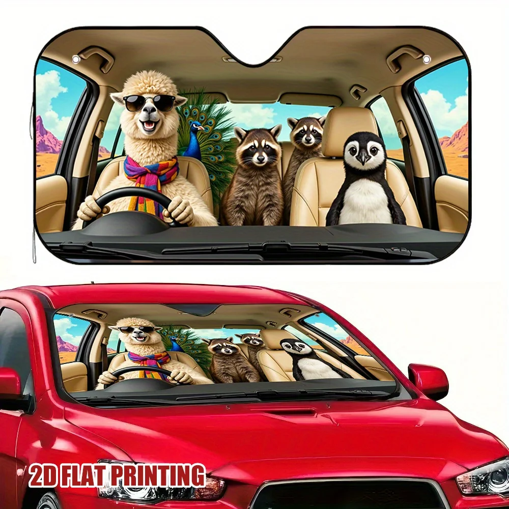 1pc Wild Ride Menagerie Car Sun Visor - 2D Flat Printing, Reduces Sunlight Reflection, Cute Animal Design With Llama, Raccoon, P