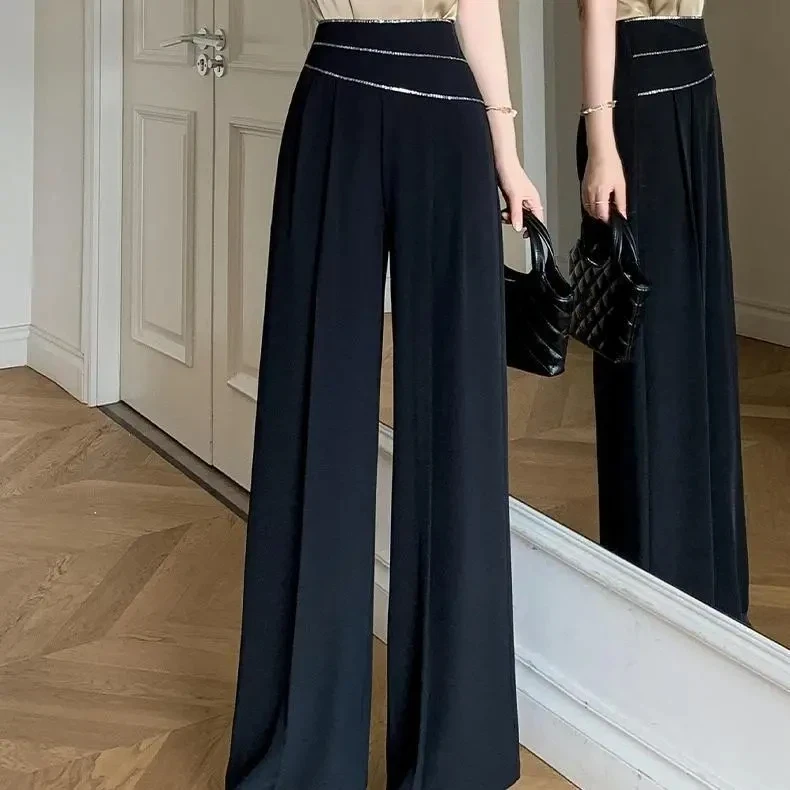 Women Spring Autumn Design Sense Shiny Stripe Wide Leg Pants High Waist Draped Slim Fit Versatile Commute Casual Trousers