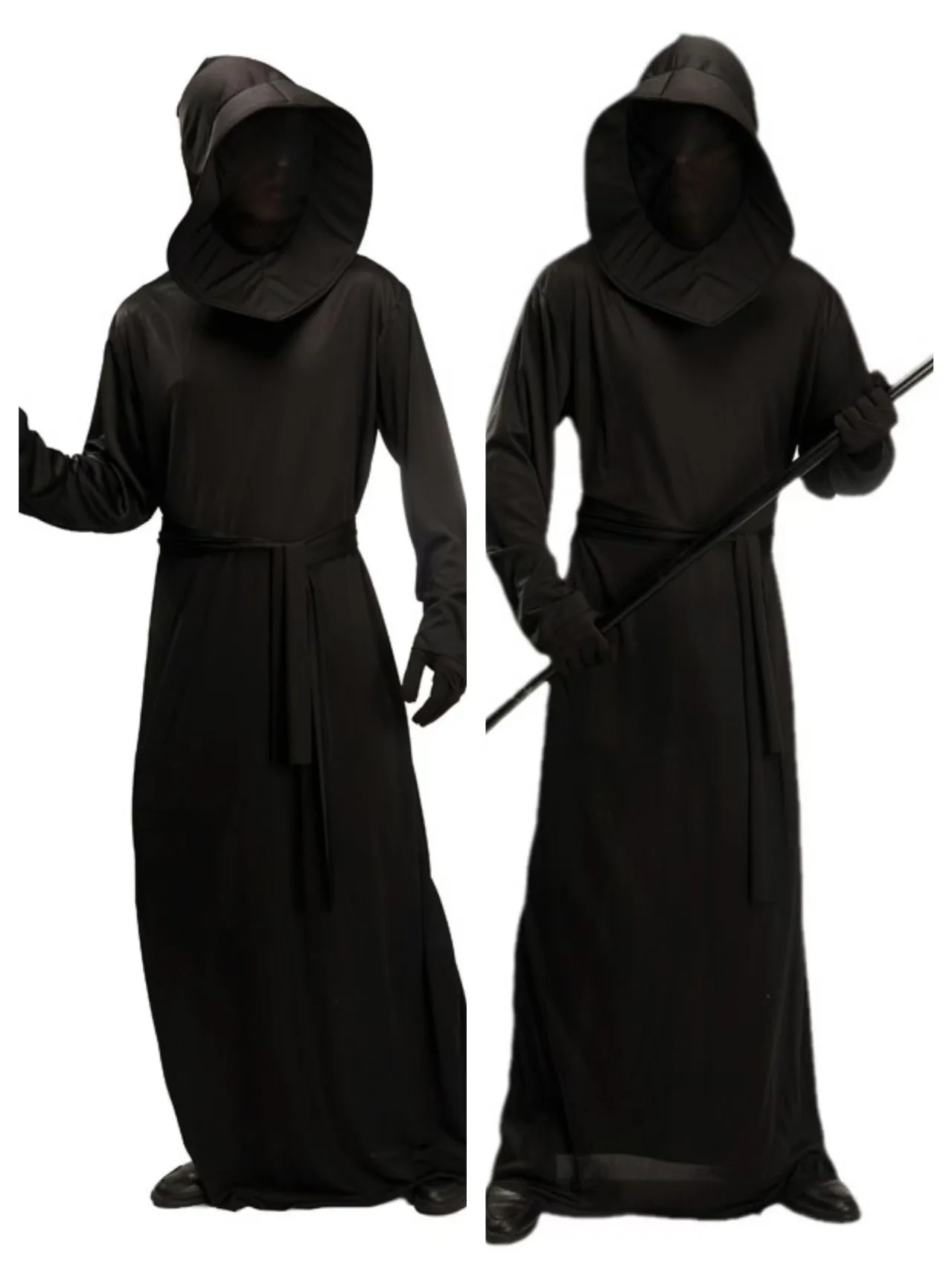 Grim Reaper Cosplay-Kostüm, Unisex, Karneval, schwarze Teufelskleidung, Purim-Party, Geister-Halloween-Robe mit Kapuze, Gürtel, Handschuhen, Outfit – Detail 5