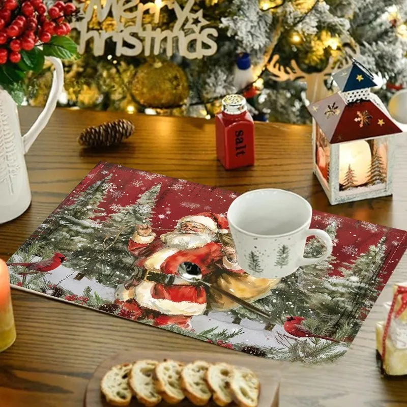 New Christmas Placemat with Santa Linen Stain-resistant and Heat-insulating Perfect for Dining Tables and Home Use 10PCS