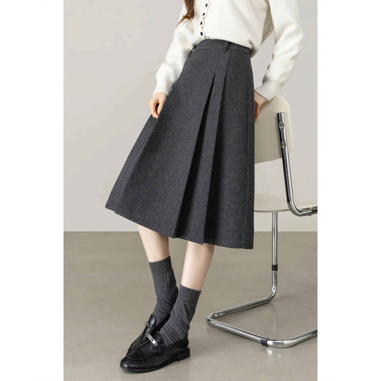 SENTUBILA Women's Winter Skirt High Waist Grey Thick Warm Midi A Line Pleated Skirt 2026 Casual Office Ladies Clothes 164QB6821
