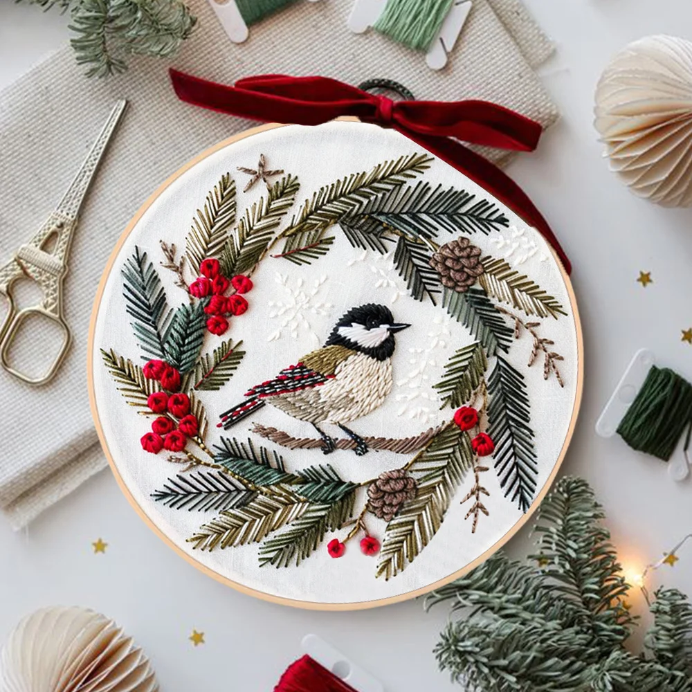 Christmas Embroidery Landscape Winter Kit With Hoop DIY Cross Stitch Snowman Sewing Kit For Beginner Adult
