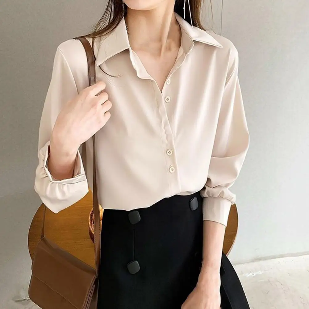 Women Shirt Pure Color Single-breasted Turn-down Collar Long Sleeve Cardigan Soft Casual OL Commute Bottom Blouse Lady Top