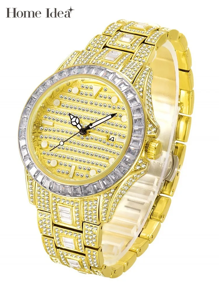 

Mens Stainless Steel Quartz Wristwatch Shiny Diamonds Luminous Business Casual Auto Date Watch