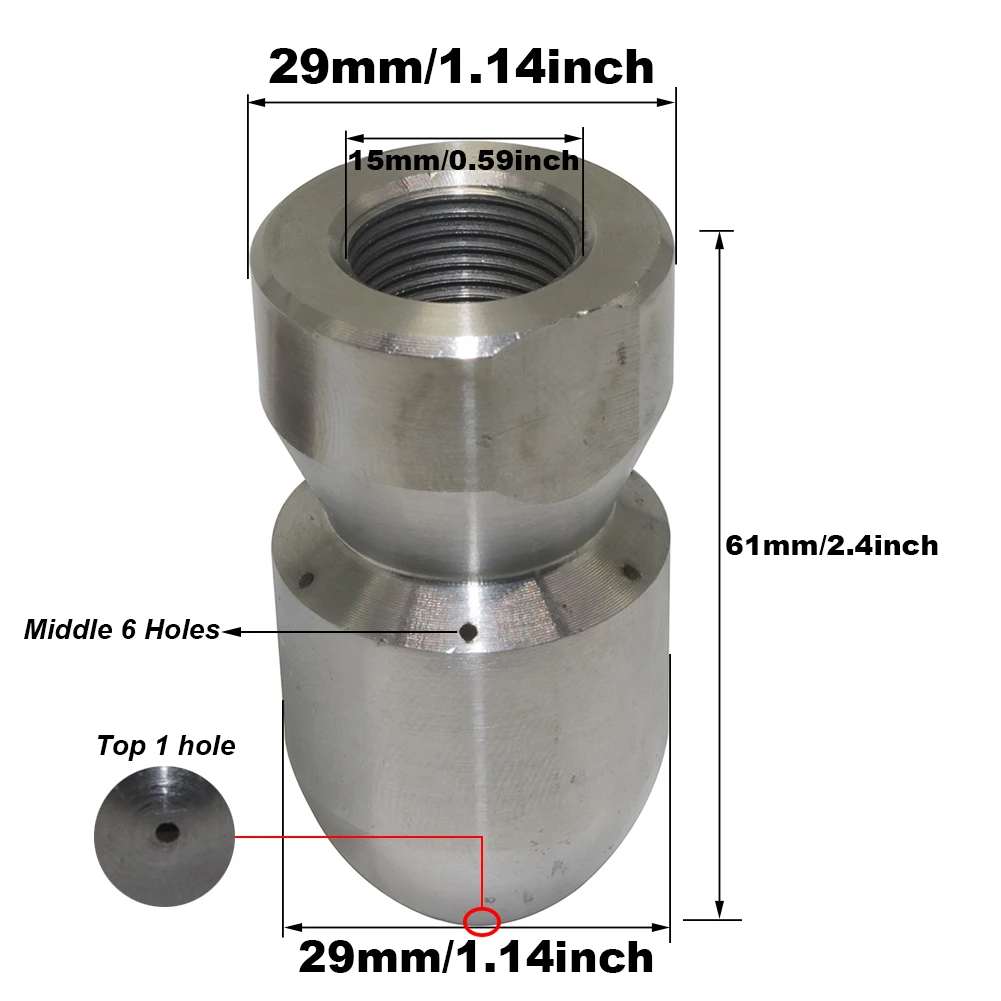 Inner Thread 3/8 Bullet Head Unblocking Nozzle Pipeline dredging Sewer dredging 40-50L/min 70-80L/min Front 1 hole Rear 6 holes