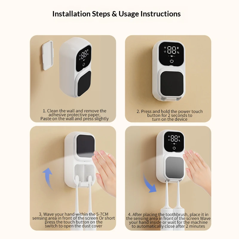 Rechargeable Smart Double Toothbrush UV Sterilizer Wall Mount Toothbrush Holder UV Disinfection & Air Drying Digital Display - view 4