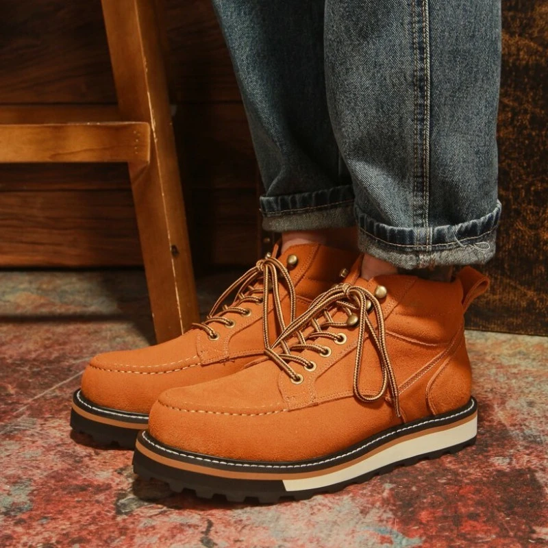 

British Style American Retro Genuine Leather Work Casual Ankle Boots Men's Thick Sole Platform Lace Up Motorcycle Western Boots